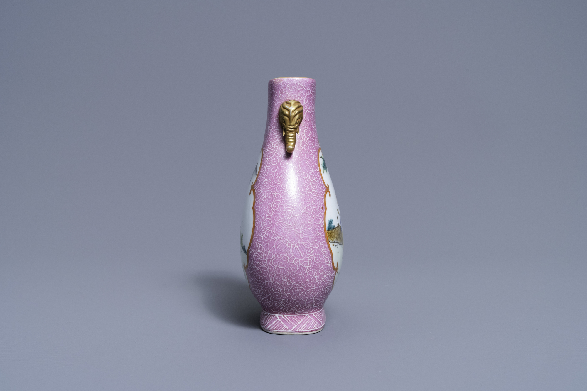 A Chinese pink-ground famille rose 'hu' vase, Jiaqing mark, Republic - Image 4 of 6