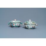 Two Chinese famille verte porringer bowls and covers, Kangxi