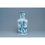 A Chinese square-sectioned blue, white and copper-red vase, Kangxi