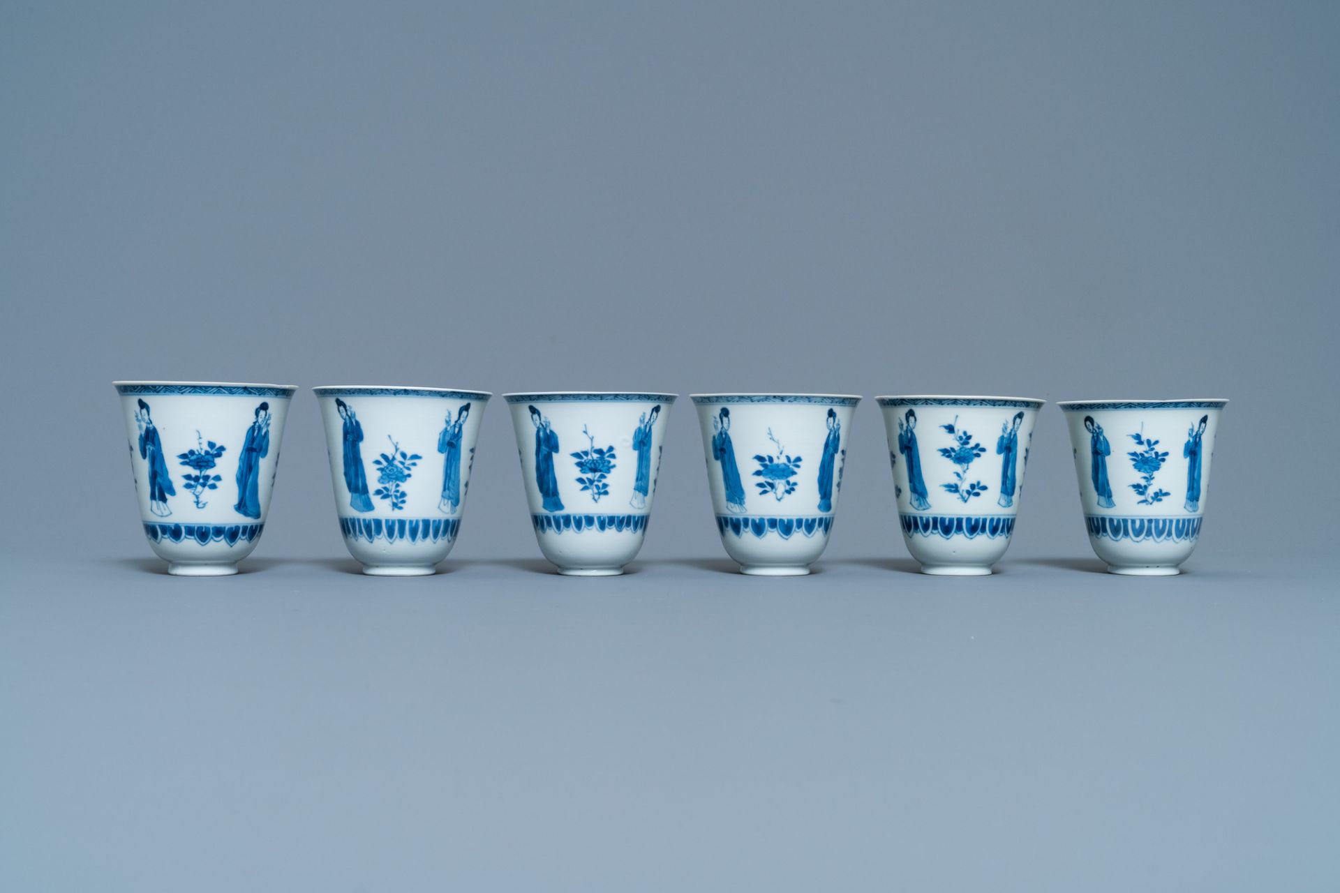 Six large Chinese blue and white cups and five saucers, Yu mark, Kangxi - Image 9 of 11