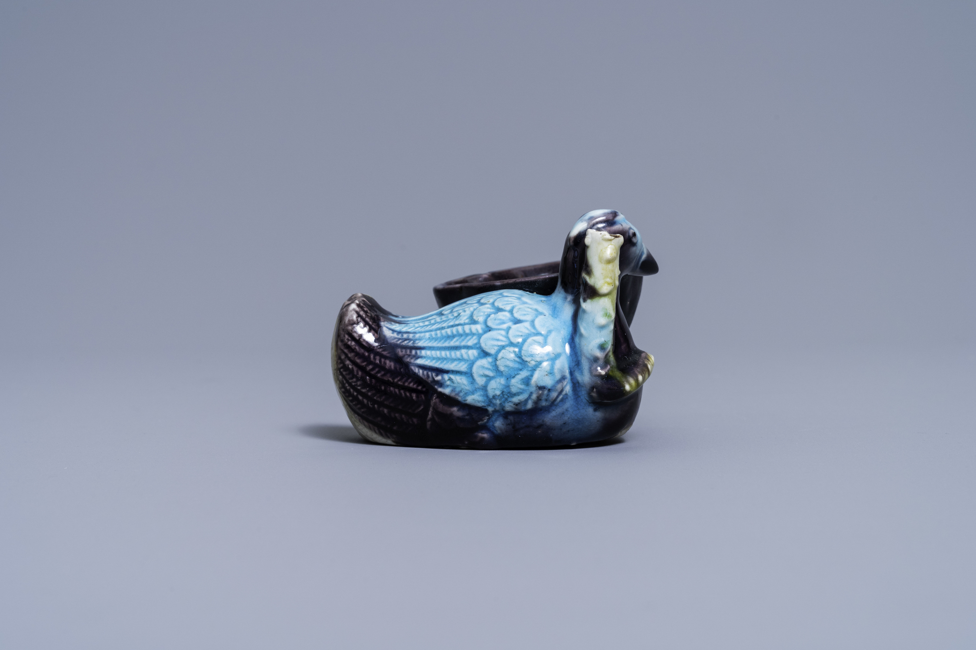 A Chinese aubergine- and turquoise-glazed duck and lotus-shaped water dropper, Kangxi - Image 5 of 7