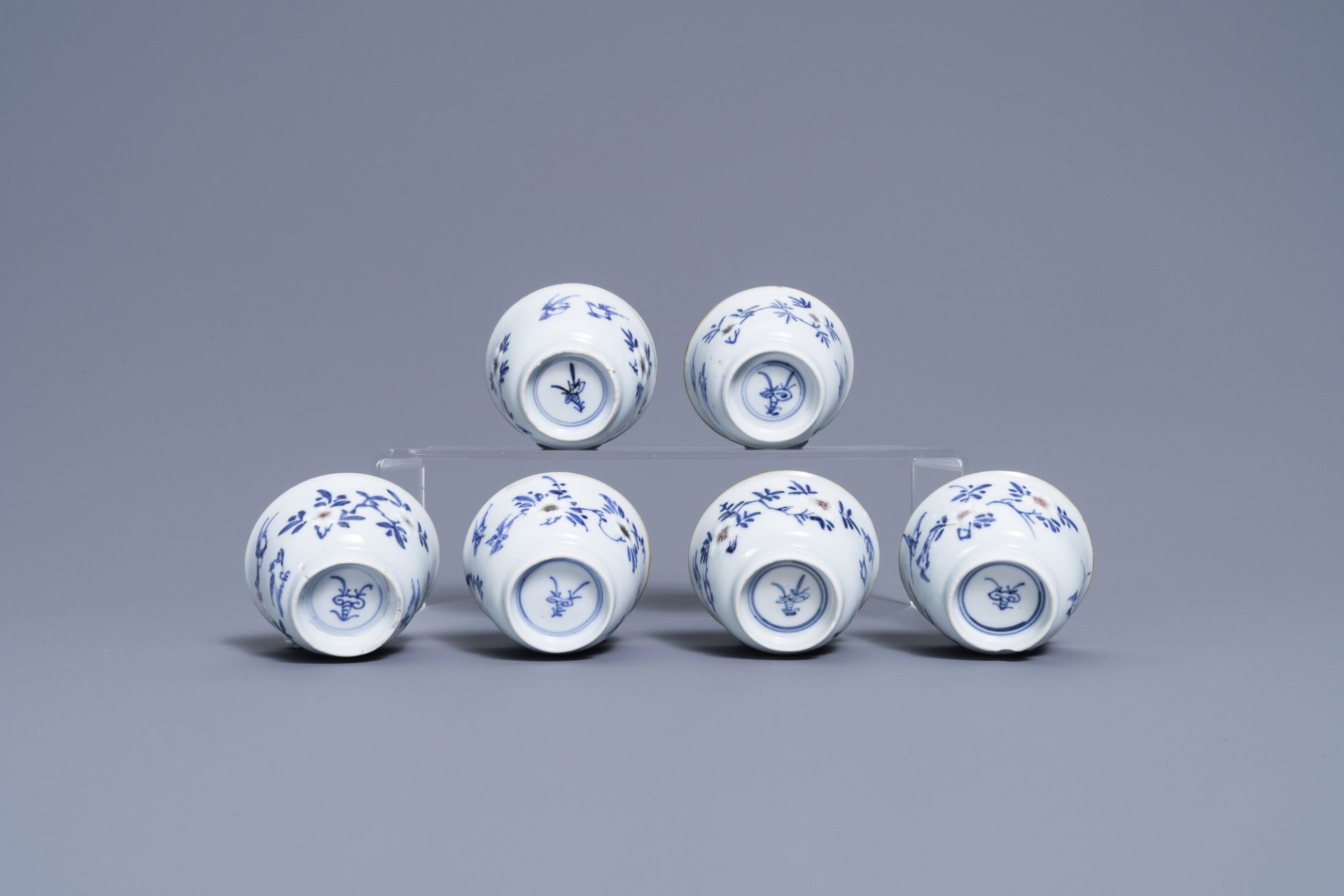 Six Chinese blue, white and copper-red cups and saucers, Kangxi - Image 9 of 9