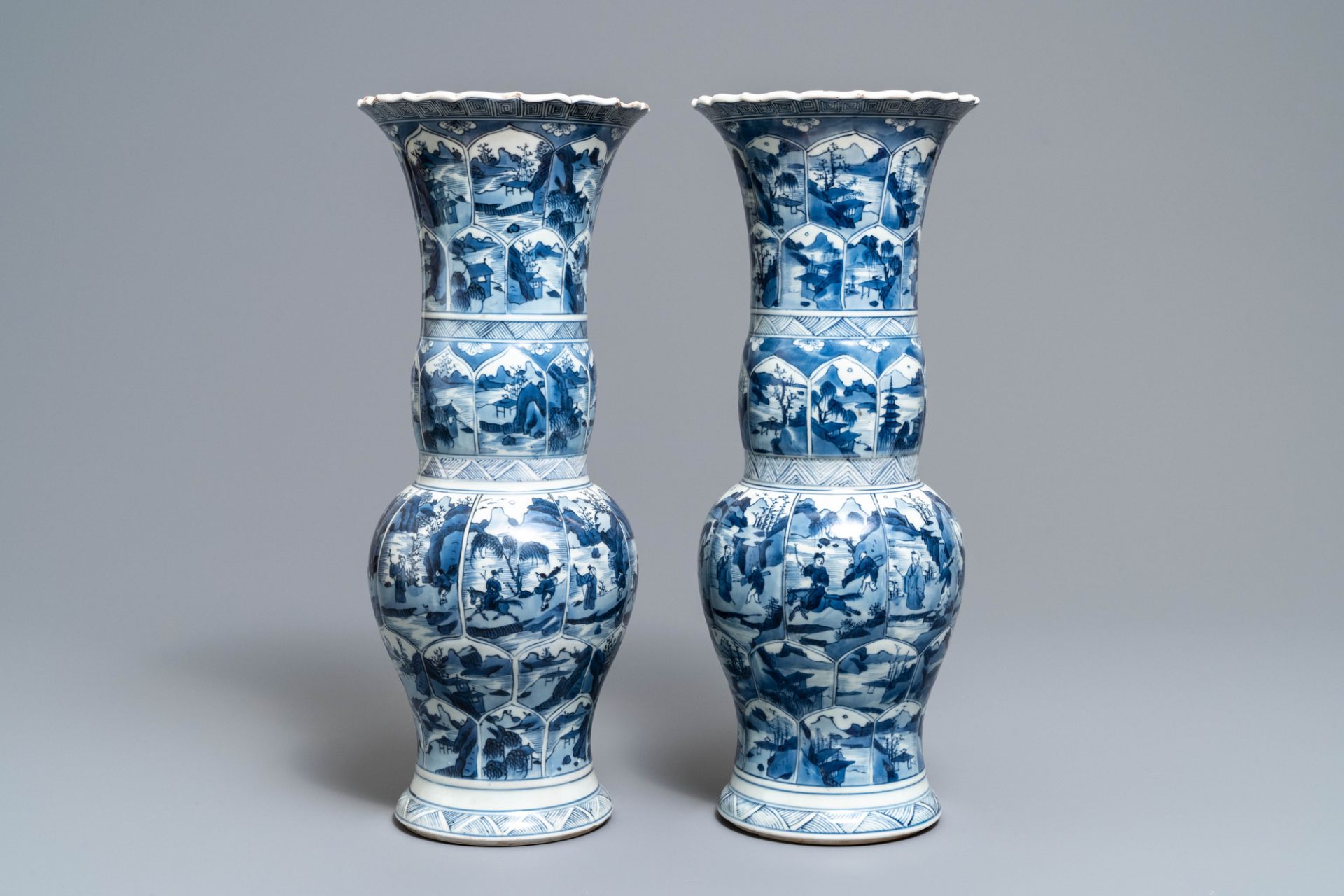 A pair of Chinese blue and white yenyen vases with figures in landscapes, Kangxi - Image 4 of 30