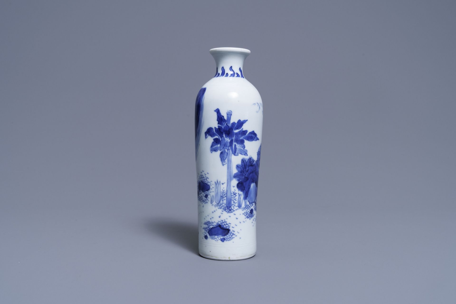 A Chinese blue and white rouleau vase with a figure in a landscape, Transitional period - Image 2 of 6