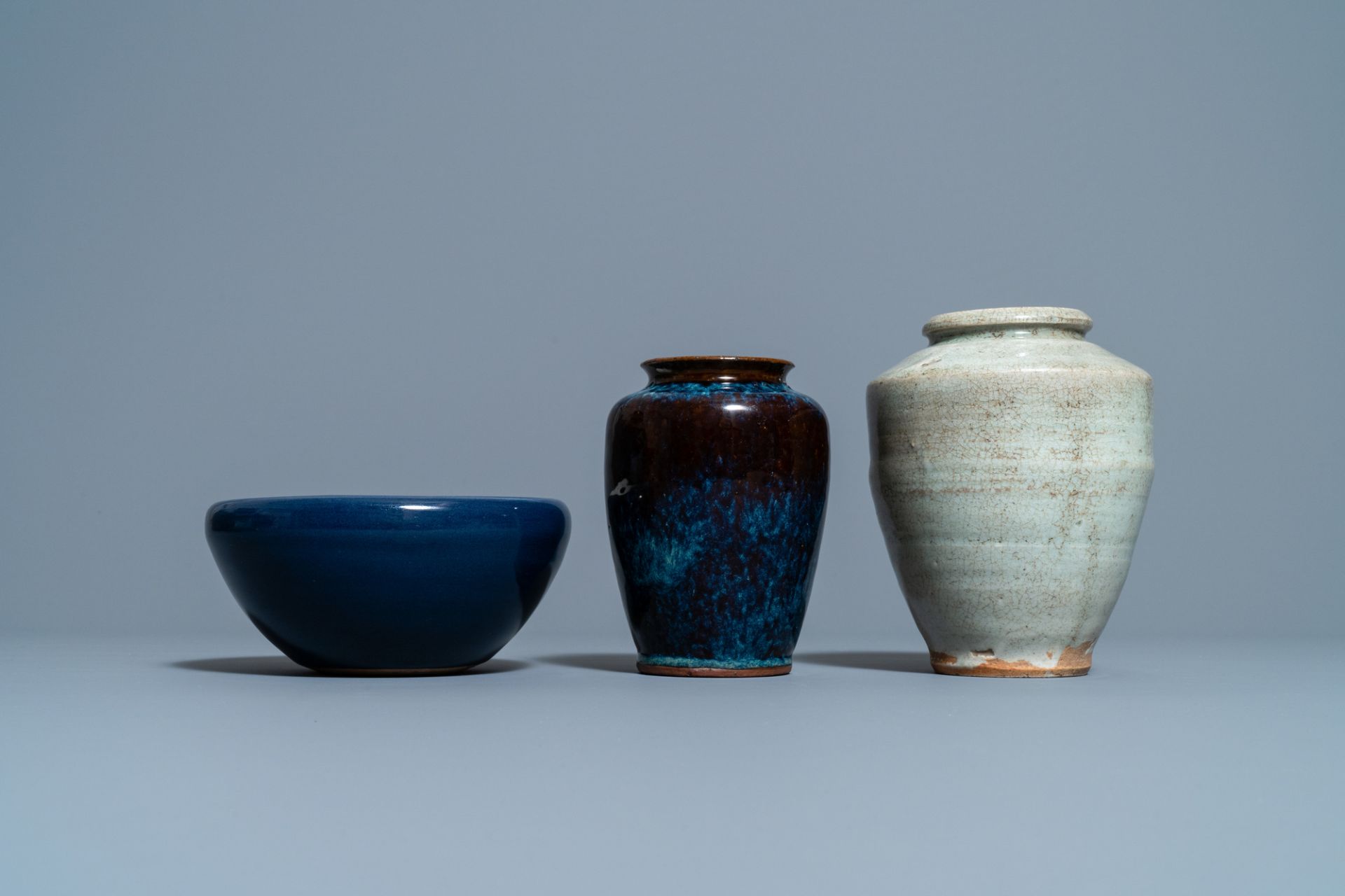 A Chinese flambe-glazed vase, a cream-glazed vase and a blue-glazed censer, Qing - Image 3 of 7