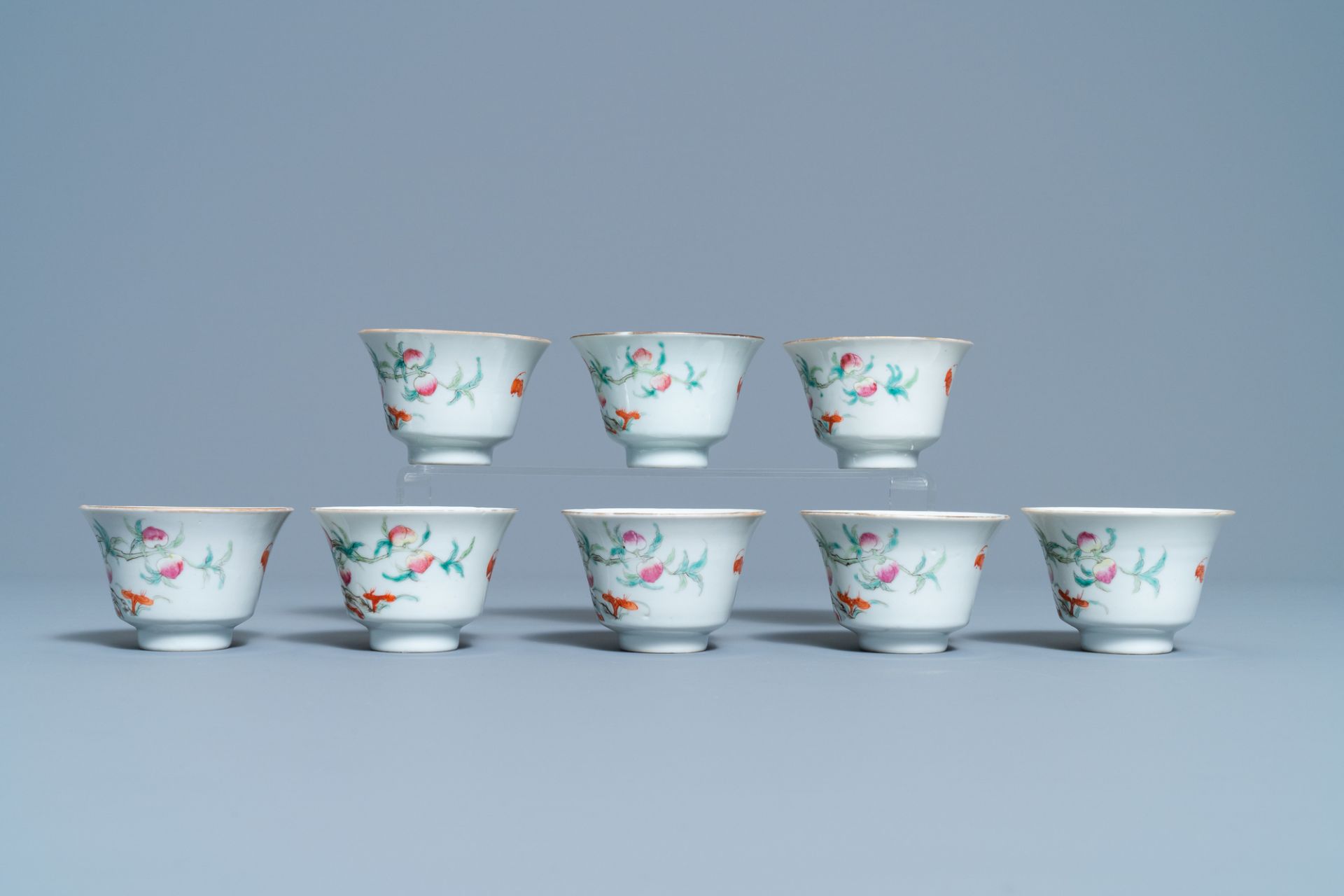 Eight Chinese famille rose 'nine peach' bowls, Hui Tong Zhen Pin mark, 19/20th C. - Image 3 of 7