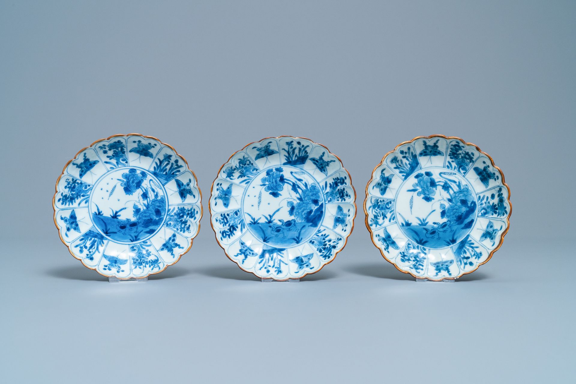 Six Chinese blue and white lobed plates with ducks and butterflies, Kangxi - Image 2 of 11