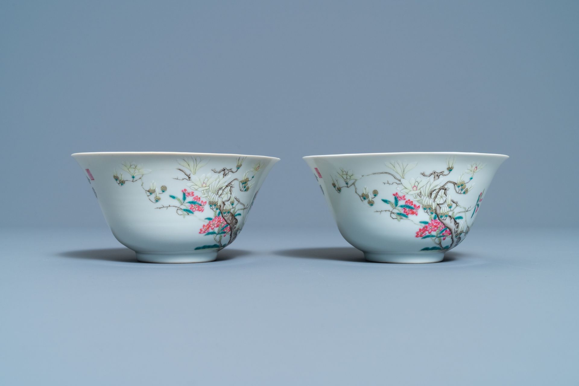 A pair of Chinese famille rose 'pheasant' bowls, Qianlong mark, Republic - Image 5 of 7