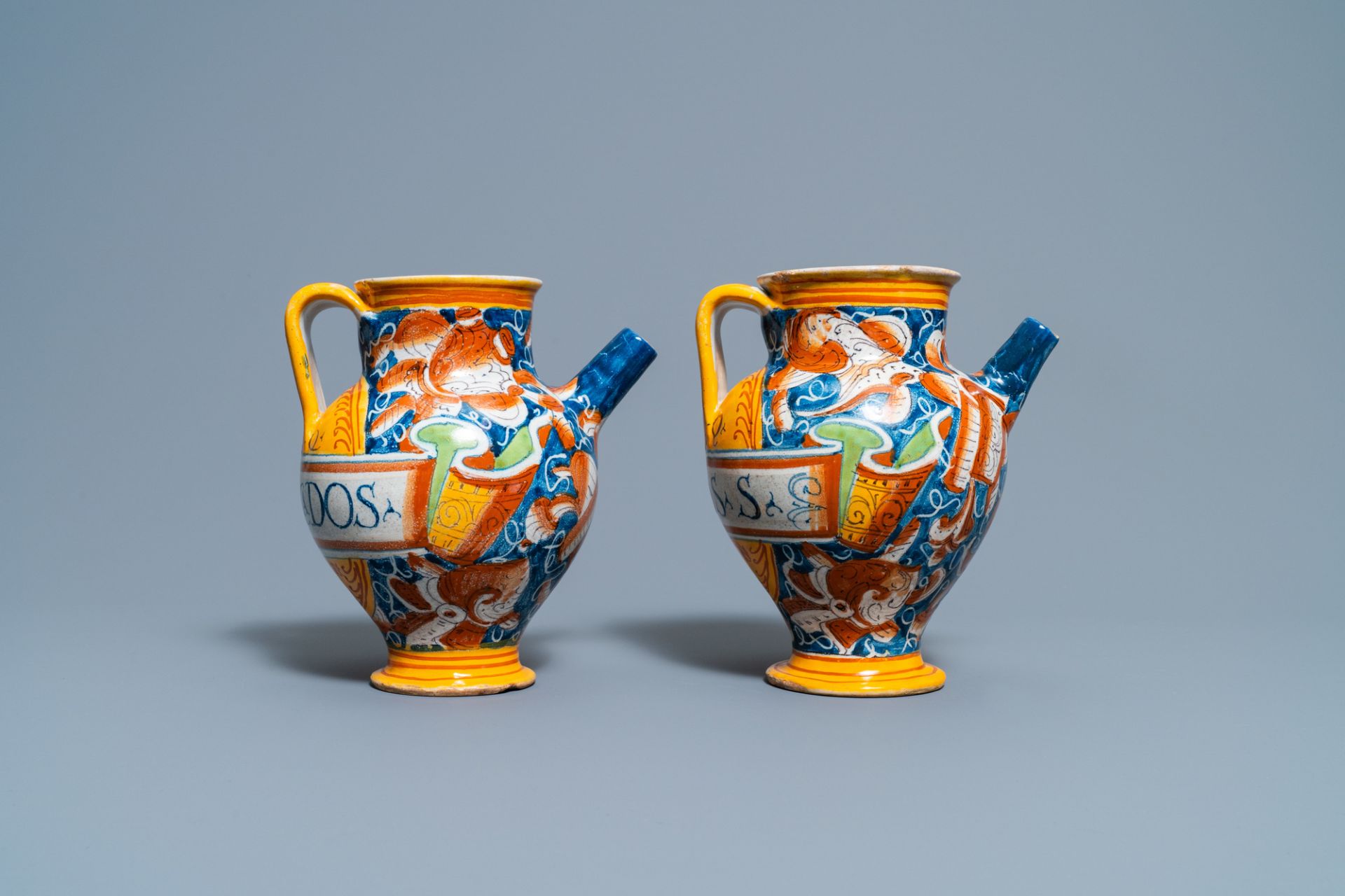 A pair of polychrome Italian maiolica wet drug jars, Casteldurante, 16th C. - Image 5 of 8