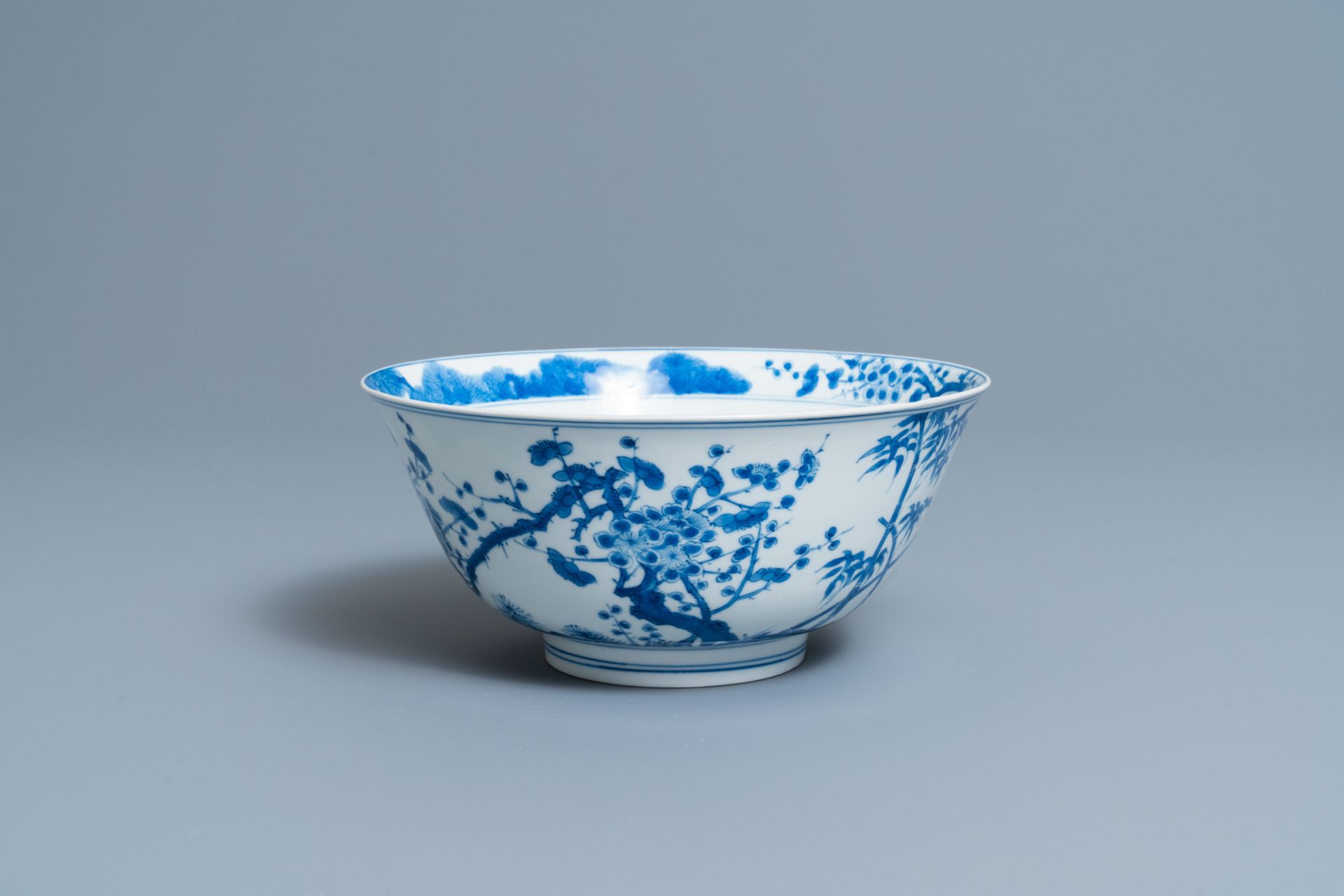 A Chinese blue and white 'Three friends of winter' bowl, Kangxi mark and of the period