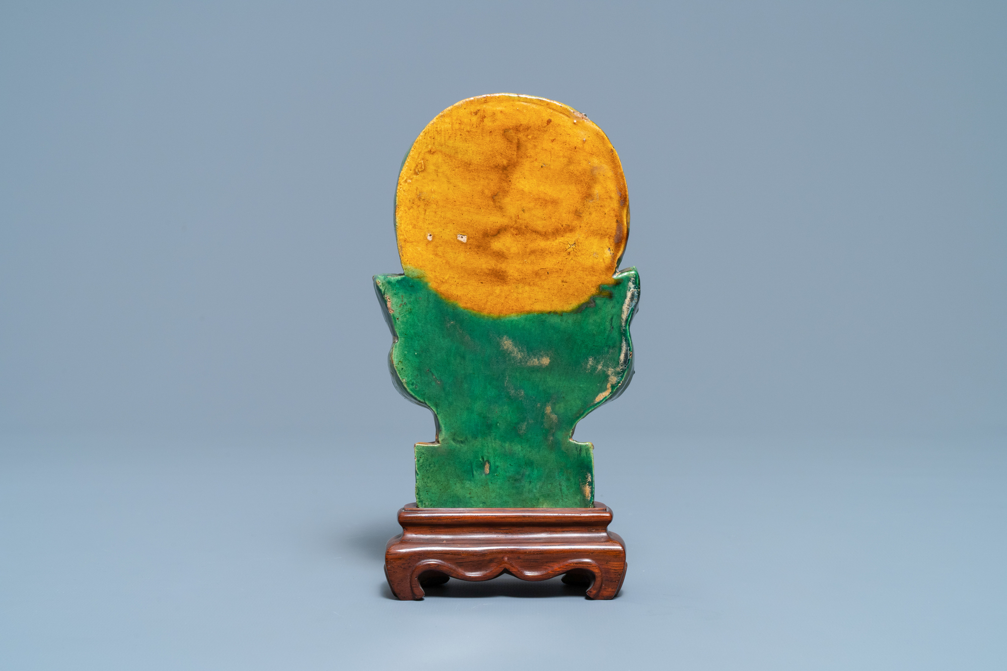 A Chinese sancai-glazed Buddhist emblem on wooden stand, Ming - Image 4 of 7