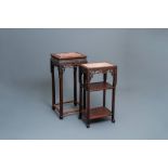 Two Chinese hongmu wooden stands with marble tops, 19th C.