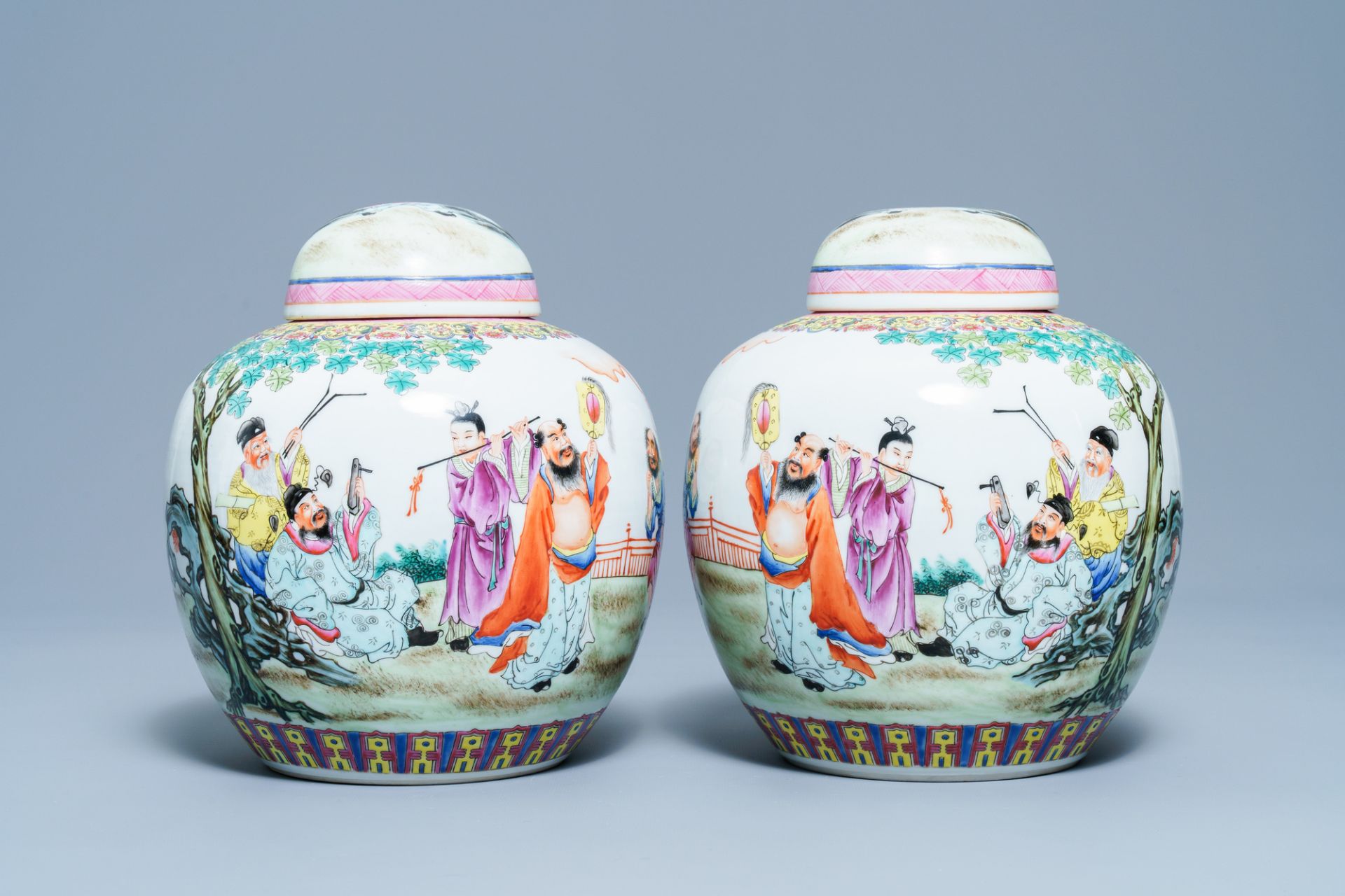 A pair of Chinese famille rose covered jars, Qianlong mark, Republic