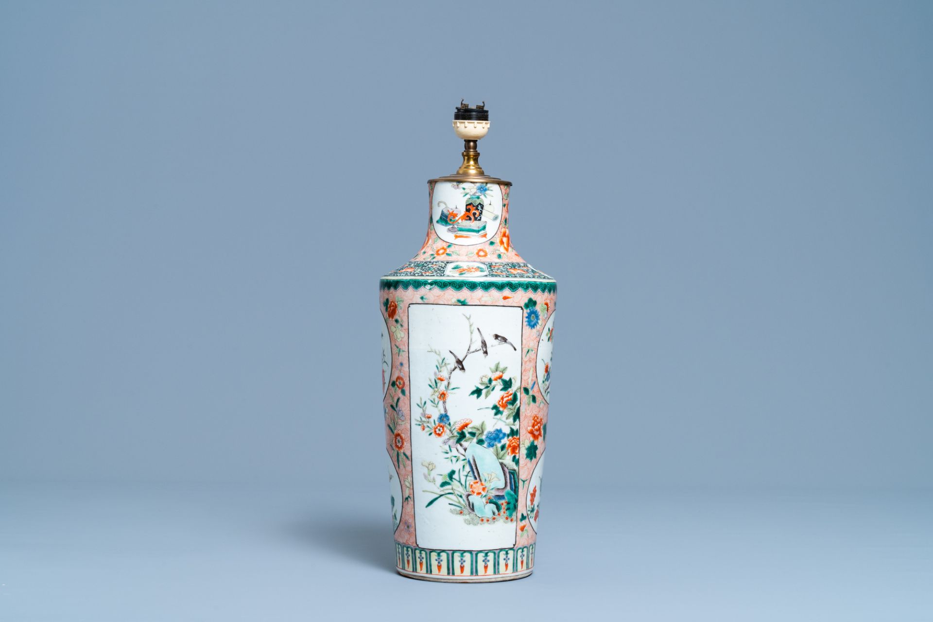 A Chinese lamp-mounted famille verte vase, 19th C.