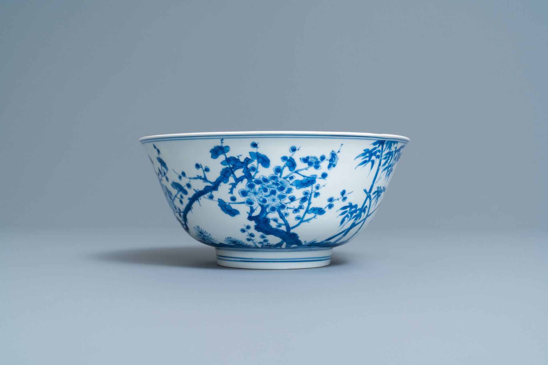 A Chinese blue and white 'Three friends of winter' bowl, Kangxi mark and of the period - Image 2 of 7