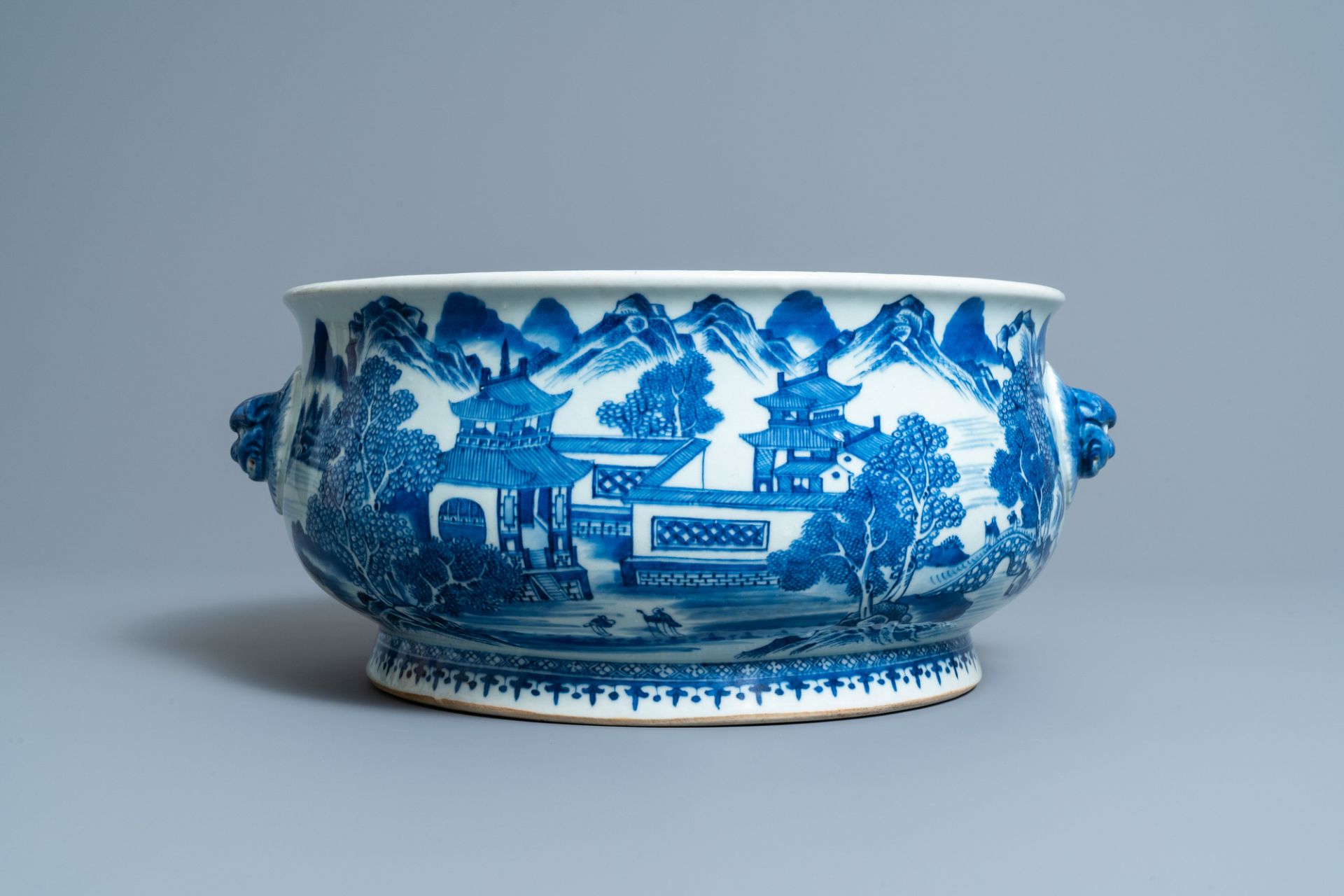 A large Chinese blue and white 'landscape' censer, Qianlong - Image 2 of 7