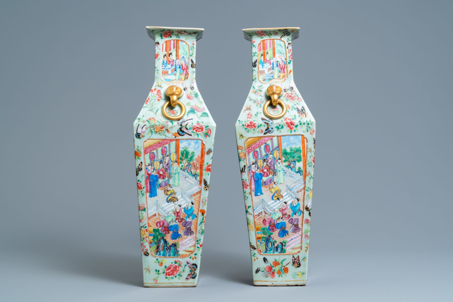 A pair of Chinese square famille rose celadon-ground vases on gilt bronze feet, 19th C. - Image 3 of 7