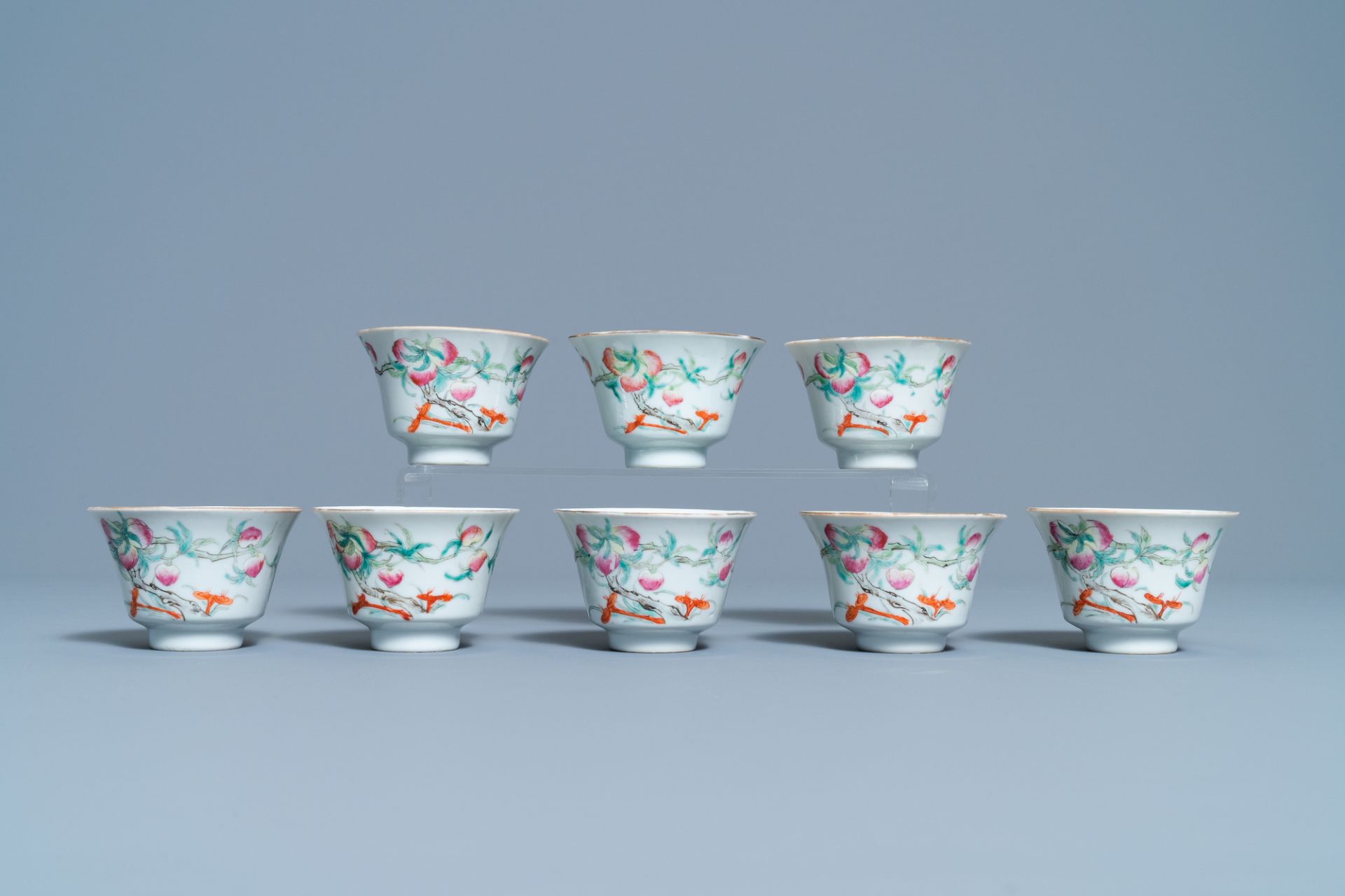 Eight Chinese famille rose 'nine peach' bowls, Hui Tong Zhen Pin mark, 19/20th C. - Image 2 of 7