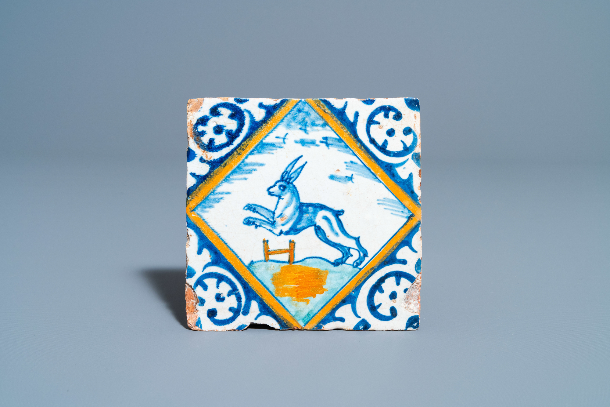 A polychrome Dutch Delft maiolica tile with a hare, ca. 1600