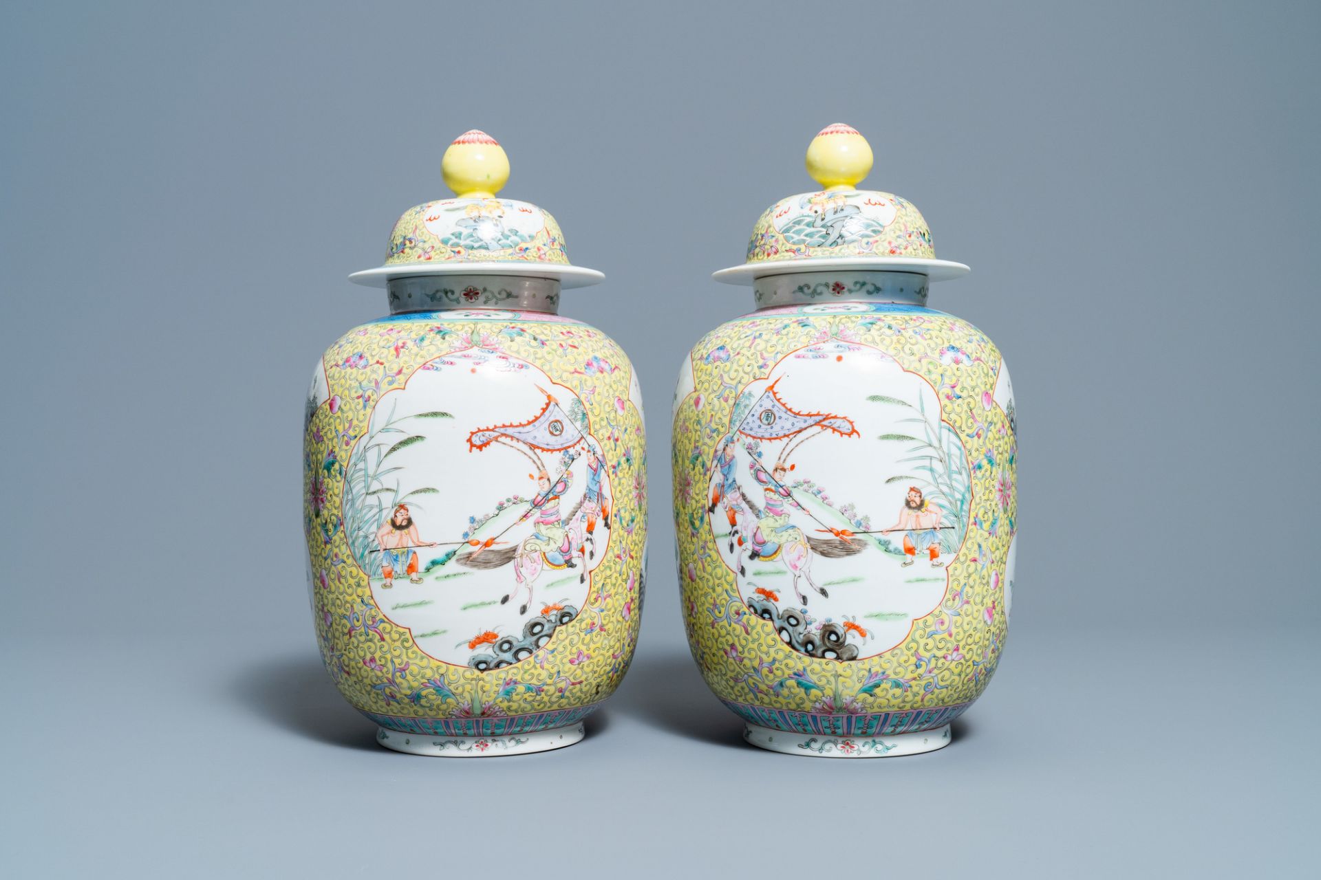 A pair of Chinese famille rose yellow-ground vases and covers, Guangxu mark, Republic - Image 3 of 6
