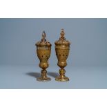 A pair of Russian or Eastern-European gilt copper and glass-inlaid glass goblets and covers, 19th C.