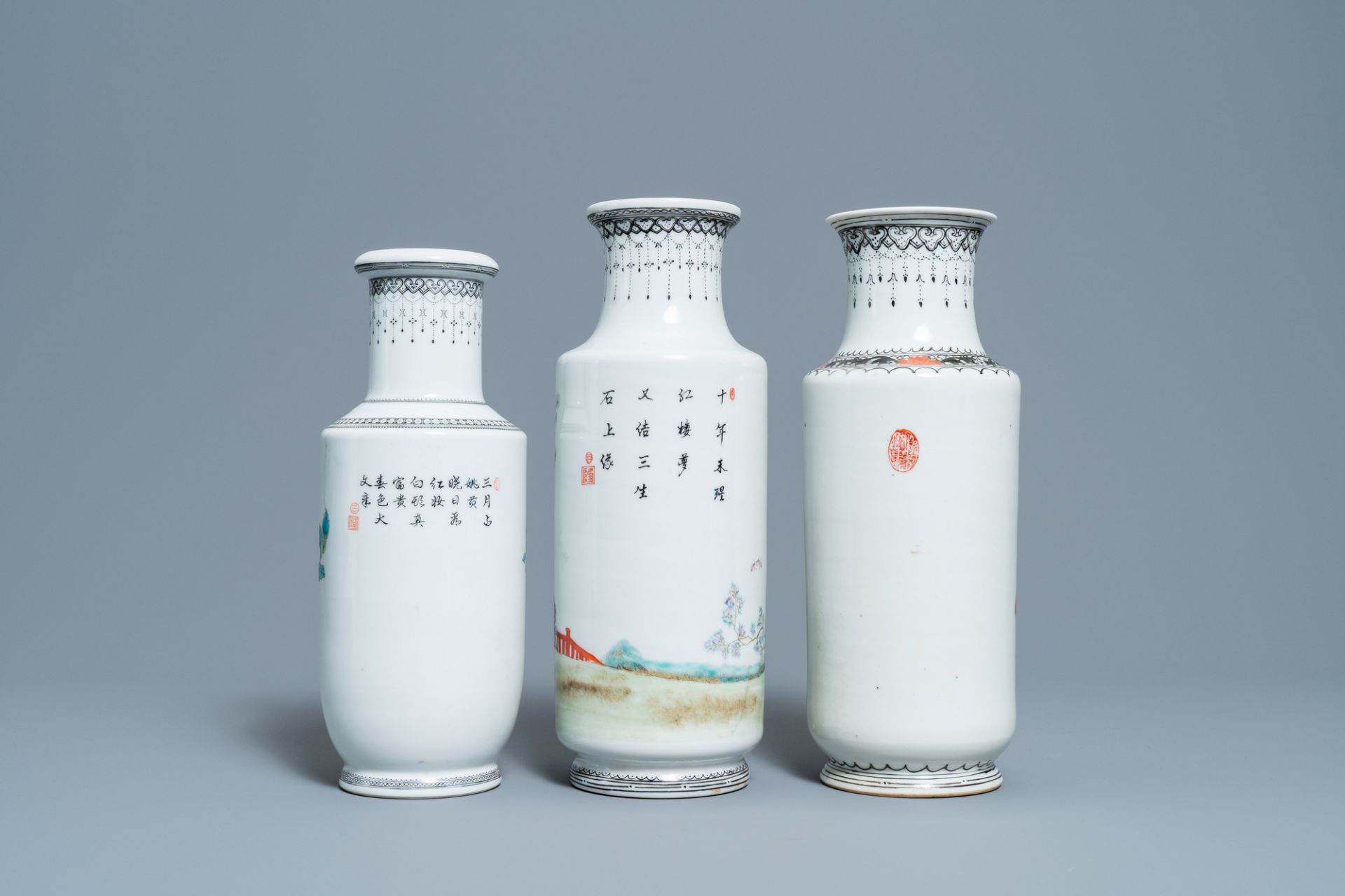 Three Chinese famille rose rouleau vases, Qianlong marks, Republic - Image 4 of 7