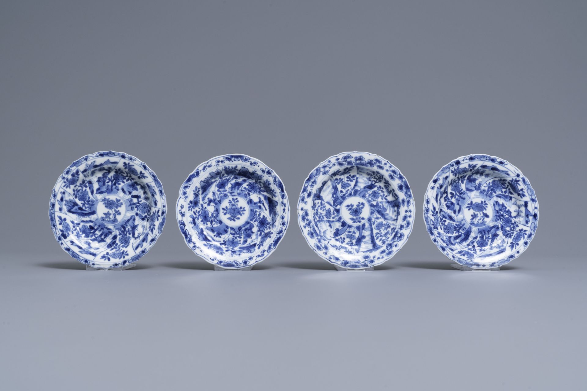 Six Chinese blue and white cups and saucers and eleven miniature vases, Kangxi - Image 8 of 17