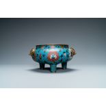 A large Chinese cloisonne tripod censer, Ming