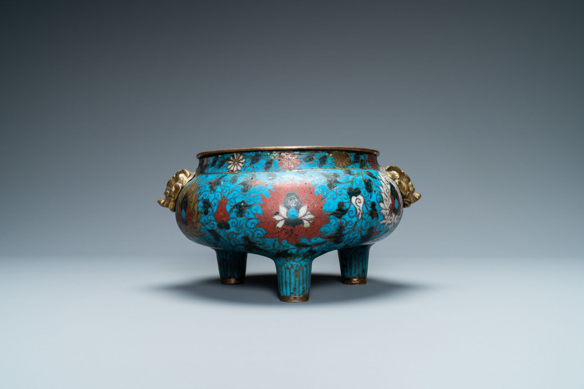 A large Chinese cloisonne tripod censer, Ming