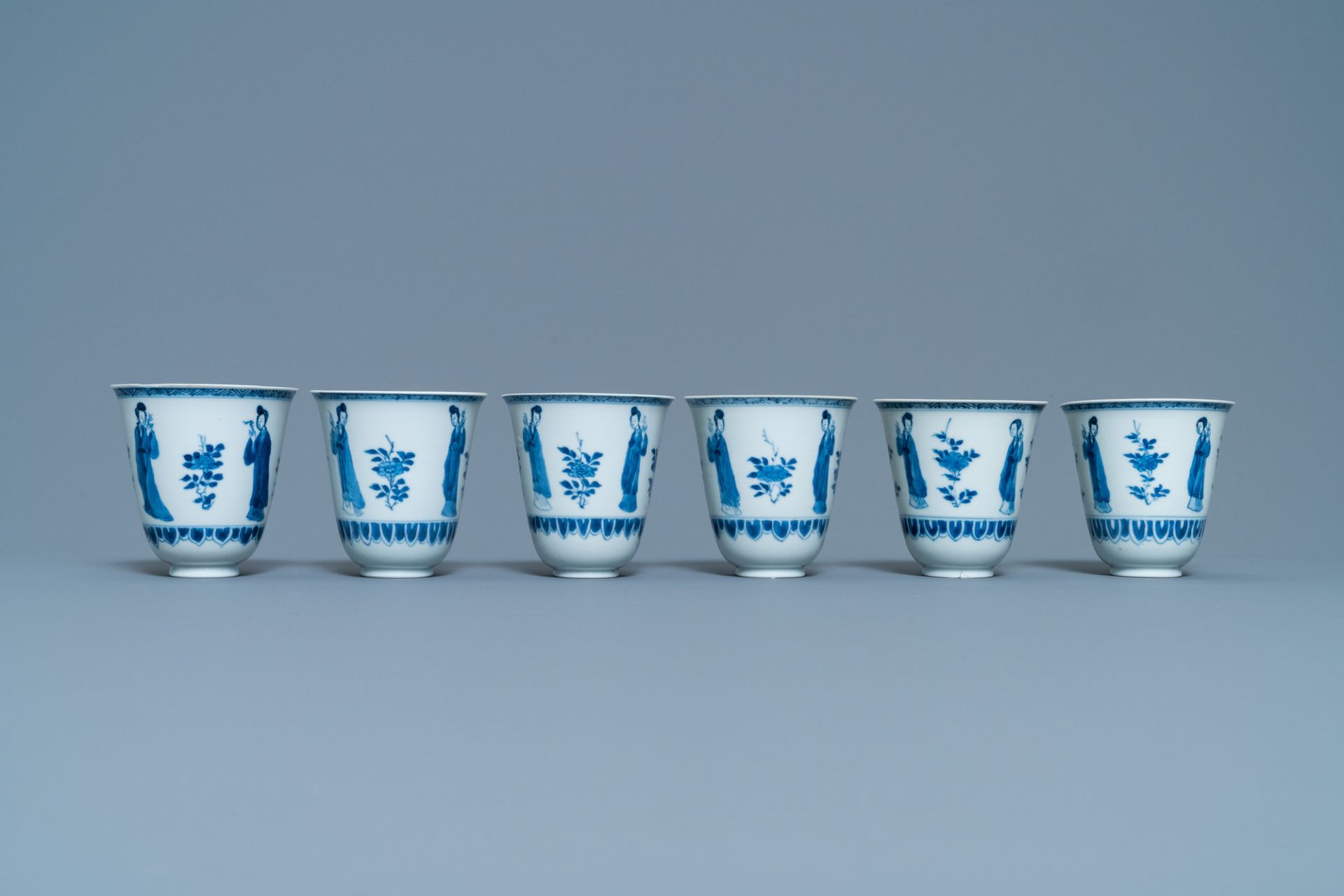 Six large Chinese blue and white cups and five saucers, Yu mark, Kangxi - Image 6 of 11