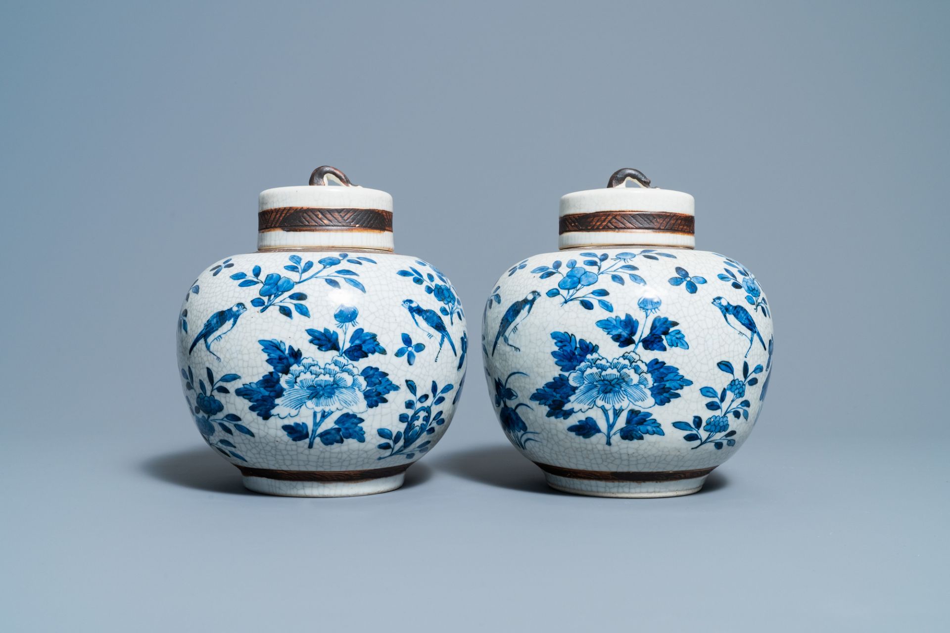 A pair of Chinese blue and white Nanking crackle-glazed jars and covers, 19th C.