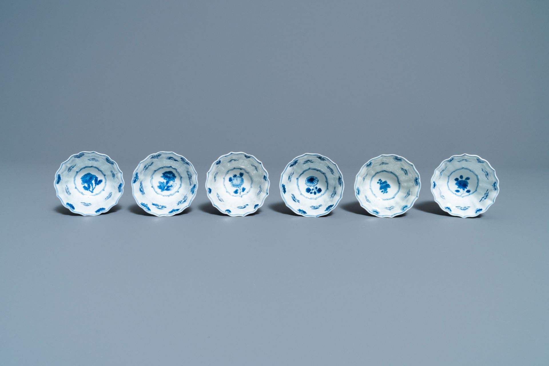 Six Chinese blue and white cups and saucers, Kangxi - Image 10 of 11