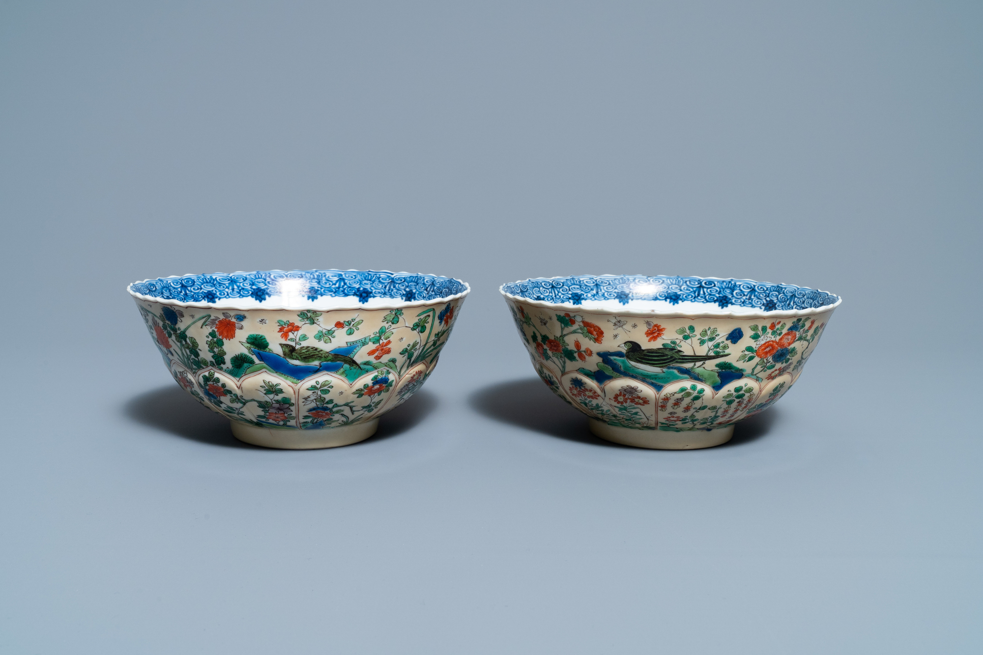 A pair of Chinese famille verte cafe-au-lait-ground lotus-molded bowls, Kangxi - Image 2 of 8