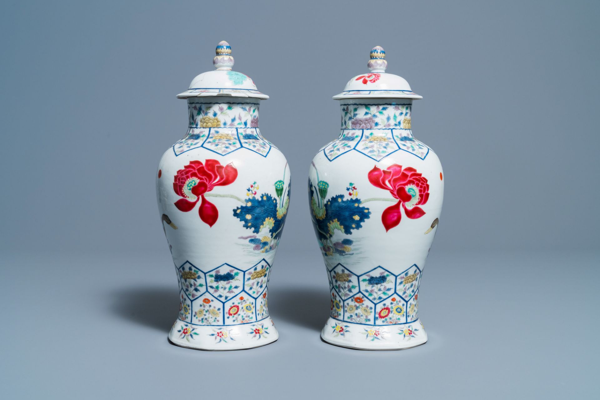 A pair of Chinese famille rose 'mandarin ducks' vases and covers, Kangxi mark, Republic - Image 4 of 6