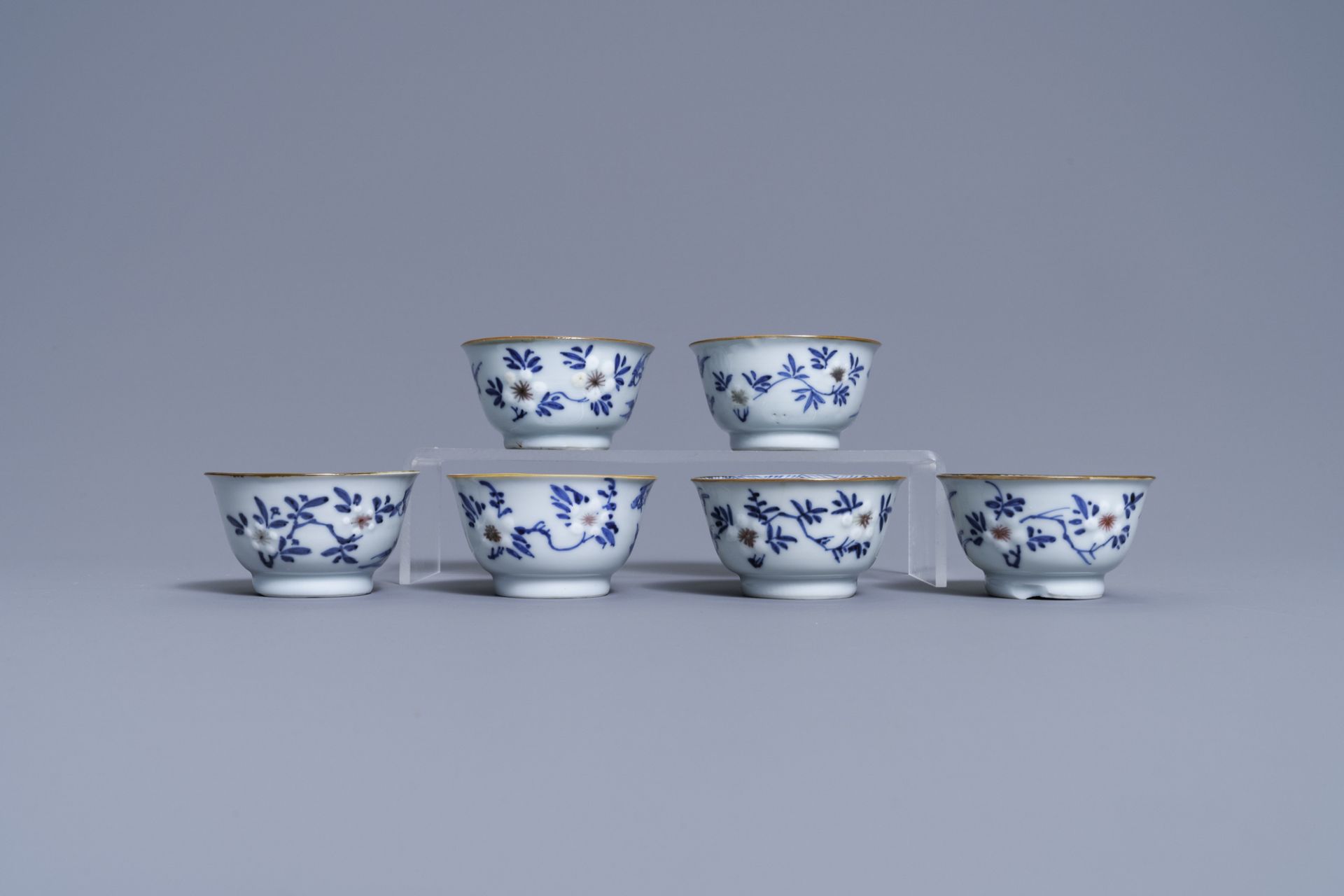 Six Chinese blue, white and copper-red cups and saucers, Kangxi - Image 7 of 9