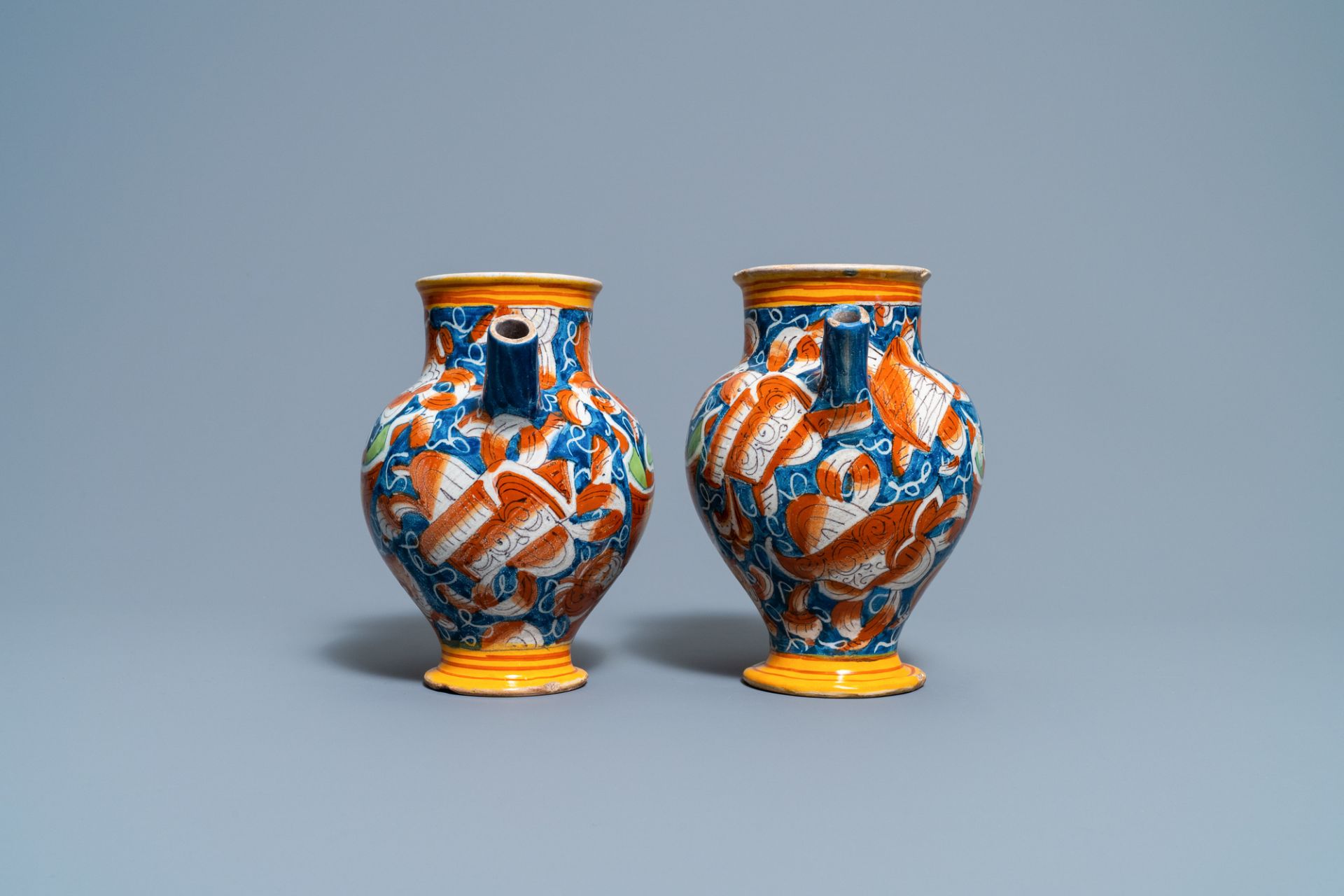 A pair of polychrome Italian maiolica wet drug jars, Casteldurante, 16th C. - Image 6 of 8