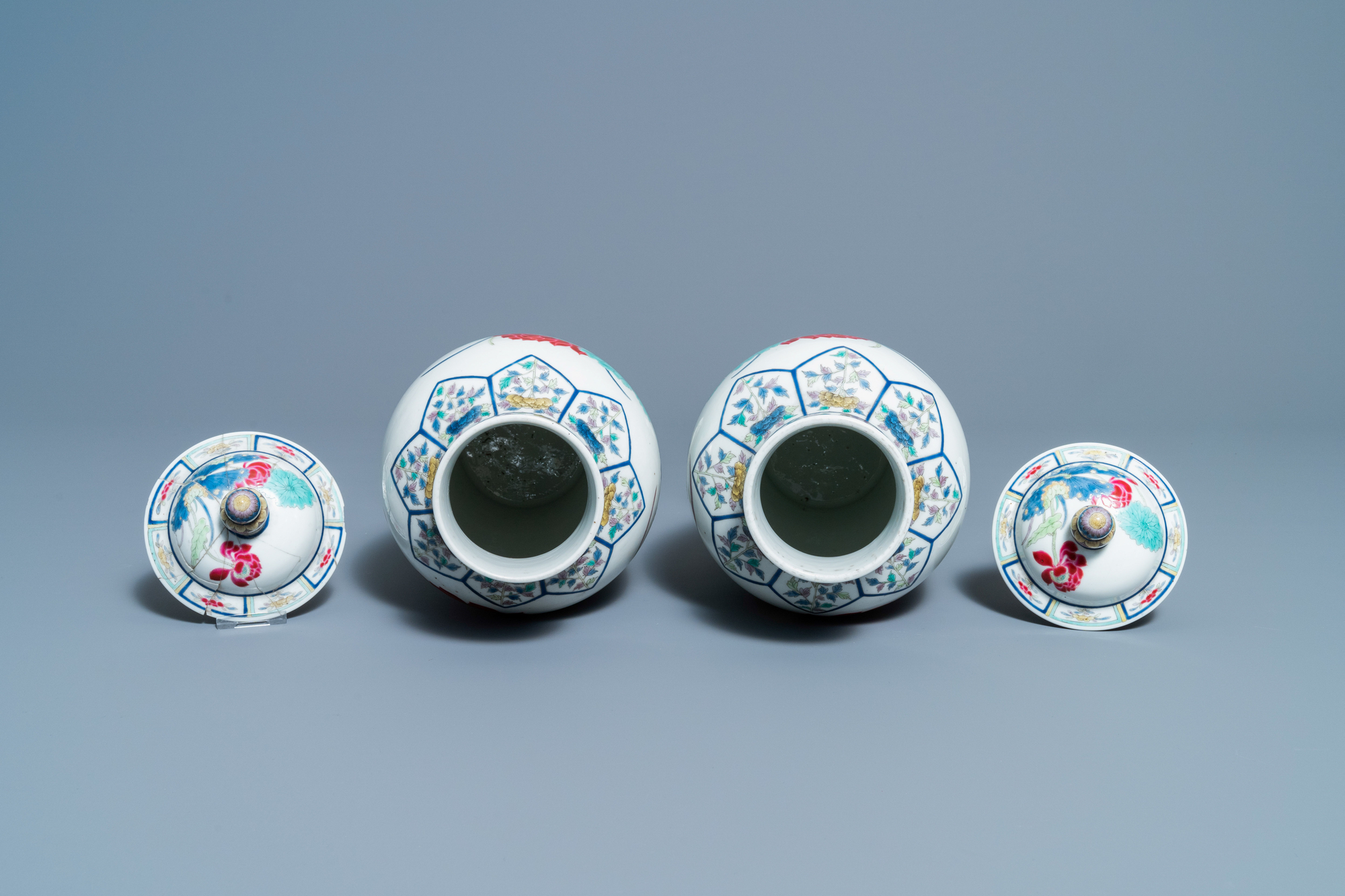 A pair of Chinese famille rose 'mandarin ducks' vases and covers, Kangxi mark, Republic - Image 5 of 6