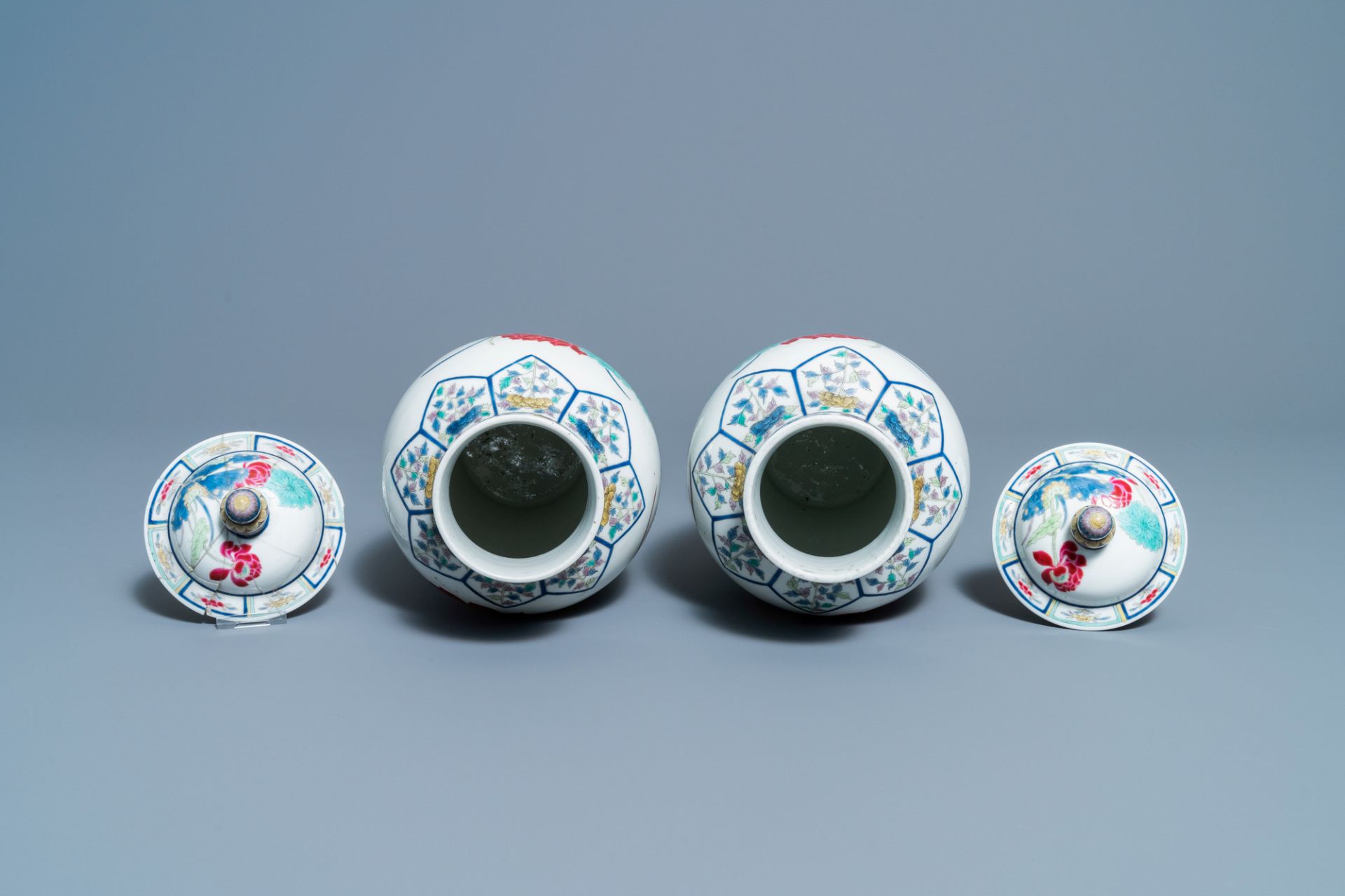 A pair of Chinese famille rose 'mandarin ducks' vases and covers, Kangxi mark, Republic - Image 5 of 6