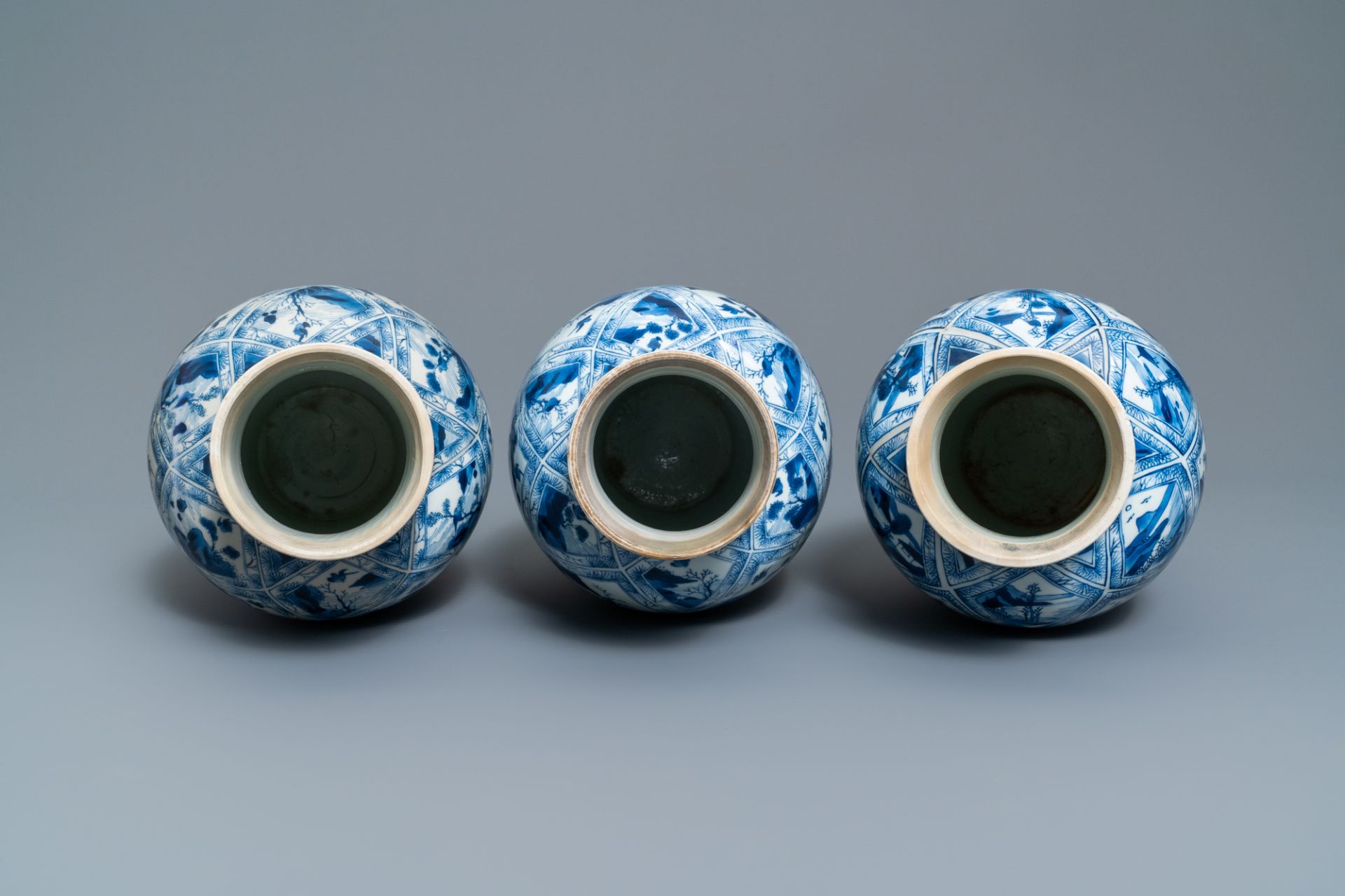 A large Chinese blue and white five-piece garniture with floral and landscape panels, Kangxi - Image 6 of 66