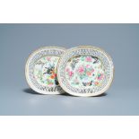 A pair of Chinese reticulated oval Canton famille rose 'butterfly' dishes, 19th C.