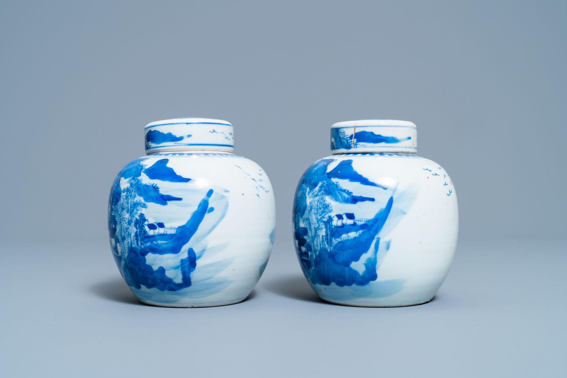 A pair of Chinese blue and white covered jars and a pair of famille rose vases, 19th C. - Image 9 of 13
