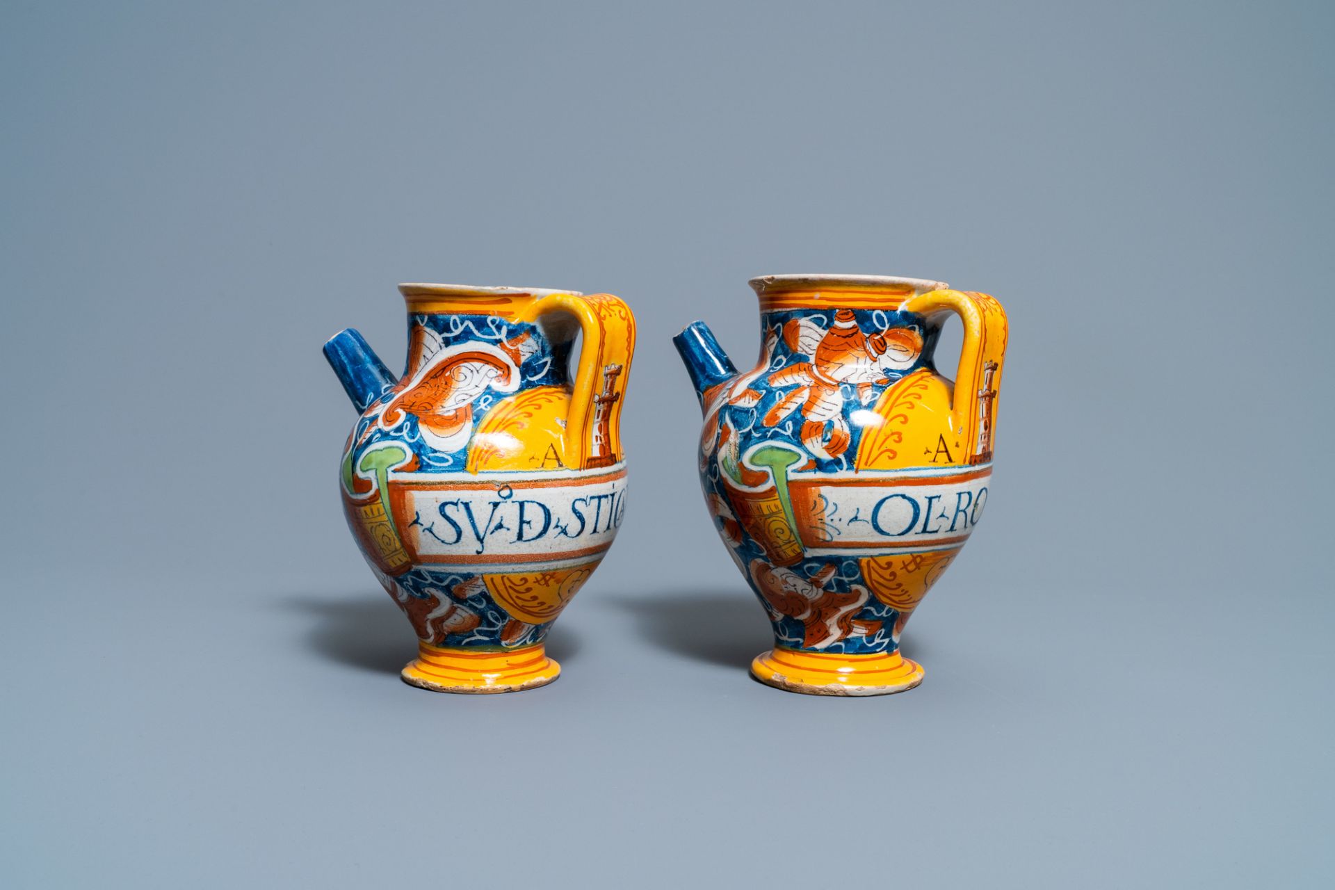 A pair of polychrome Italian maiolica wet drug jars, Casteldurante, 16th C. - Image 2 of 8