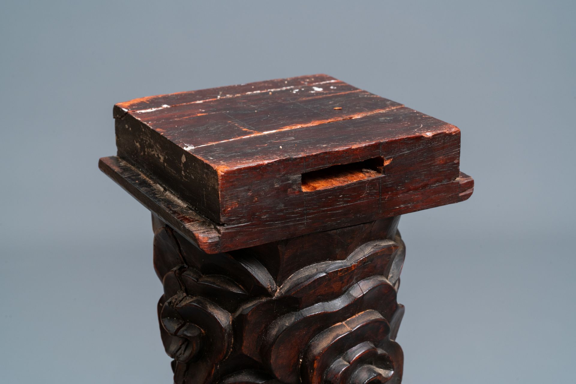 A Chinese carved wooden side table with marble chessboard top, 19th C. - Image 13 of 17