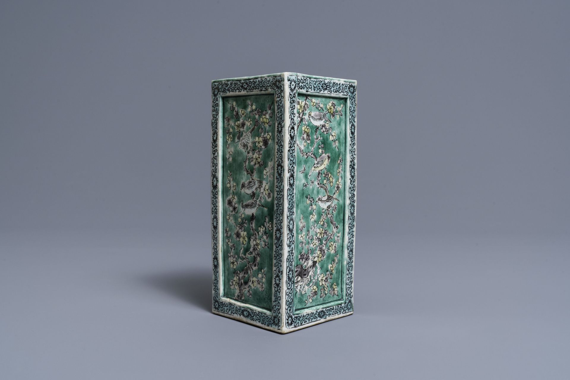 A square Chinese verte biscuit brush pot, Kangxi - Image 3 of 9