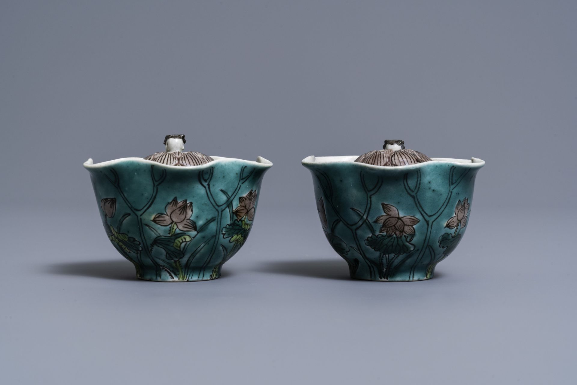 A pair of Chinese verte biscuit lotus-shaped trick cups, 19th C. - Image 4 of 11