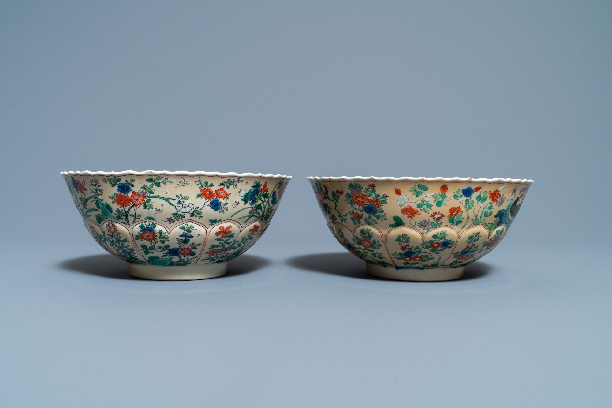 A pair of Chinese famille verte cafe-au-lait-ground lotus-molded bowls, Kangxi - Image 4 of 8