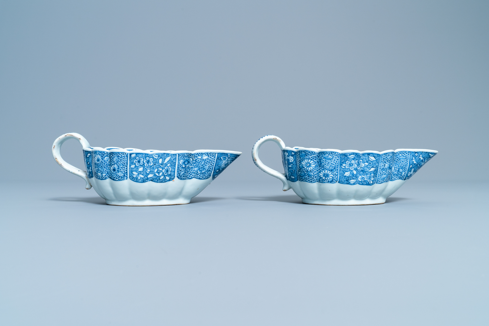 A pair of Chinese blue and white 'Xi Xiang Ji' sauceboats on stand, Qianlong - Image 5 of 10