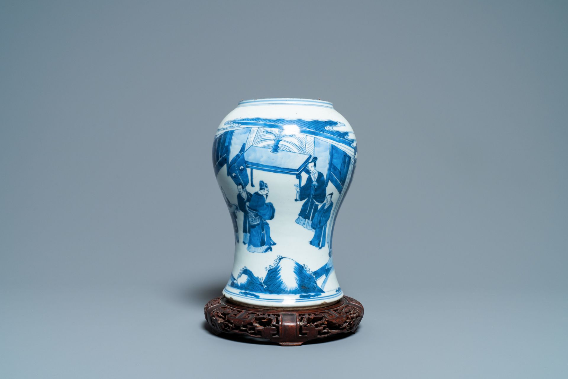 A Chinese blue and white vase with a figurative scene, Kangxi