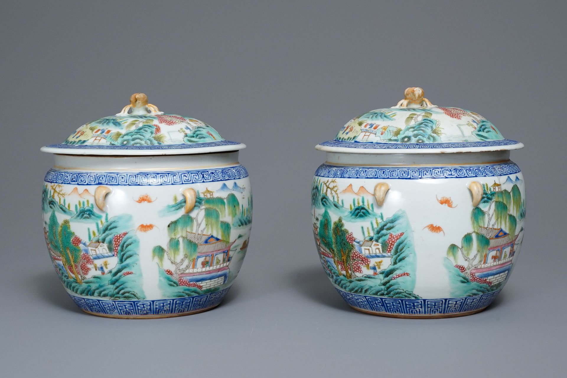 A pair of Chinese famille rose bowls and covers with landscapes, Qianlong mark, Republic - Image 3 of 15