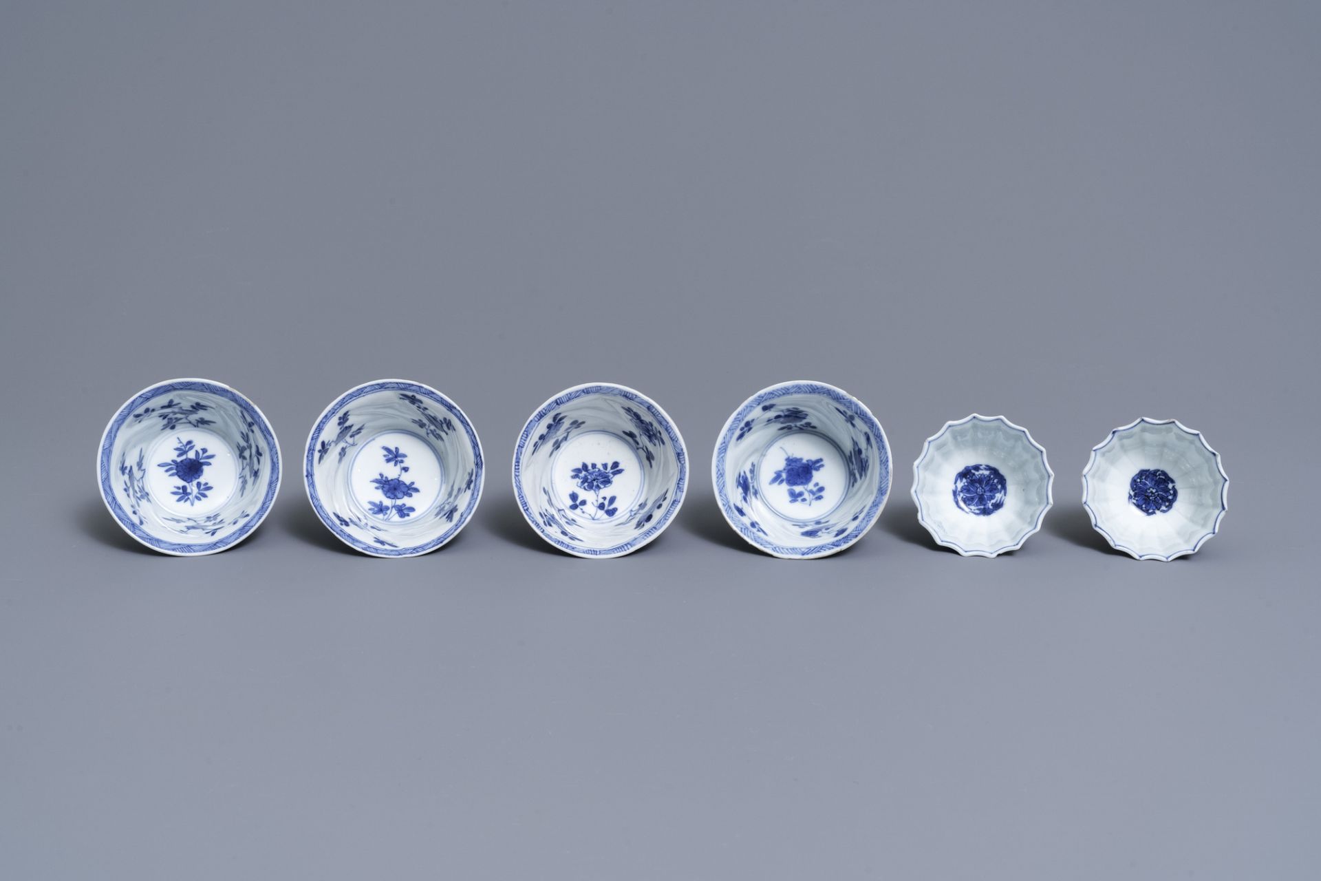 Six Chinese blue and white cups and saucers and eleven miniature vases, Kangxi - Image 16 of 17